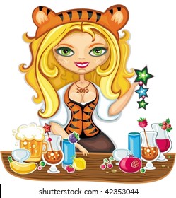 Imagen vectorial de una linda barman que usa disfraz de tigre (símbolo de 2010), sirviendo diferentes bebidas en la fiesta de Año Nuevo.