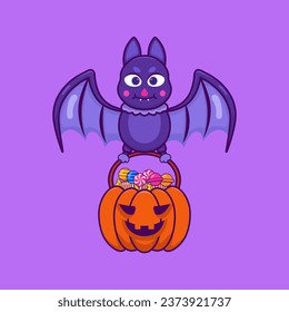 ilustración vectorial de un murciélago lindo cargando una canasta de calabaza espeluznante llena de dulces. Perfecto para los diseños temáticos de Halloween