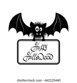Vector illustration of cute bat flying. Happy Halloween text.