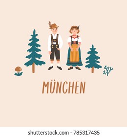 Vector illustration with cute Bavarian people in tradirional costume, trees and text "Munich" in German.