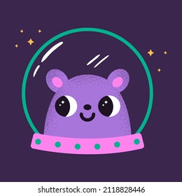 Vector illustration of cute bear astronaut with face expression. Space animal wearing helmet. Colorful funny cosmonaut character with texture