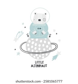 Vector illustration of cute bear astronaut in space, planet Saturn, stars and lettering little astronaut. Space cartoon design for kids. Perfect for invitations, cards, posters. Nursery. Baby.