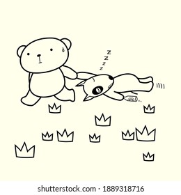 Vector illustration of a cute bear attracting friends while sleeping