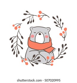 Vector illustration with cute bear and beauty scarf,wreaths in autumn.