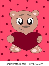 Vector illustration of a cute bear with big eyes and a heart in his hands. Postcards for Valentine's day. Application in attributes for Valentine's day, children's printed materials, merchandising.