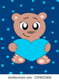 Vector illustration of a cute bear with big eyes and a heart in his hands. Postcards for Valentine's day. Application in attributes for Valentine's day, children's printed materials, merchandising.