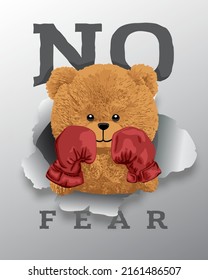 Vector illustration of cute bear in boxing gloves appearing from ripped paper