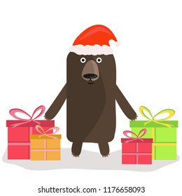 Vector illustration of cute bear in cap of Santa Claus. Animal with a bunch of presents.Merry Christmas and Happy New Year greeting card.