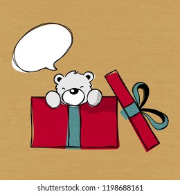 Vector illustration of cute bear cartoon 
character in gift box, hand draw style with chat box on brown grunge background.