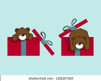 Vector illustration of cute bear cartoon character in red gift box on light green background.