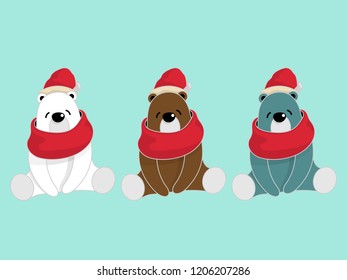 Vector illustration of cute bear cartoon character sitting, wearing red scarf and hat on light green background.
