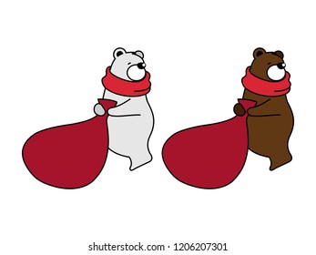 Vector illustration of cute bear cartoon character wearing red scarf with gift bag on white background.