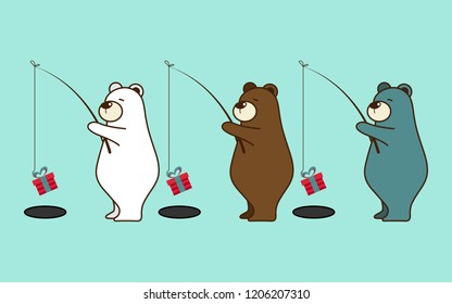 Vector illustration of cute bear cartoon character carry fishing rod with red gift box on ice hole on light green background.