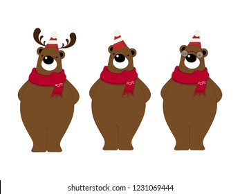 Vector illustration of cute bear cartoon character wearing red scarf on white background.