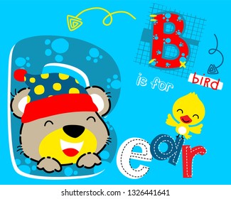 Vector illustration of cute bear cartoon wearing winter hat with little bird