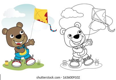 vector illustration of cute bear cartoon playing kite, coloring book or page