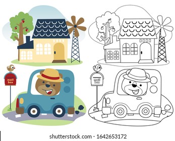 Vector illustration of cute bear cartoon driving car go to home, coloring book or page