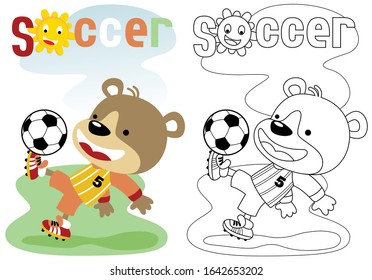 Vector illustration of cute bear cartoon playing soccer, coloring book or page