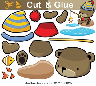 Vector illustration of cute bear cartoon fishing. Education paper game for kids. Cutout and gluing