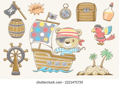 Vector illustration of cute bear cartoon in pirate costume on sailboat, pirate elements in hand drawn style