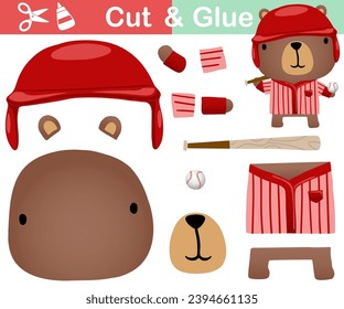 Vector illustration of cute bear cartoon in baseball uniform. Paper game for kids. Cut and glue