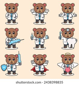 Vector Illustration of Cute Bear cartoon with Doctor costume. Set of cute Bear characters. Collection of funny little Bear.