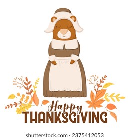 Vector illustration with cute bear character, autumn leaves and lettering isolated on white background. Illustration for Thanksgiving greeting card template, invitation, poster