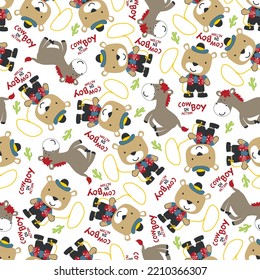 vector illustration of Cute bear cowboy with lasso and and horse. Can be used for t-shirt print, Creative vector childish background for fabric textile, nursery wallpaper and other decoration.