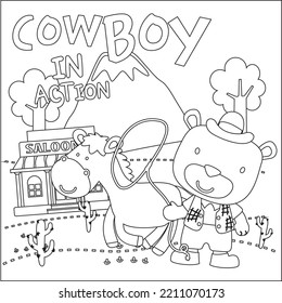vector illustration of Cute bear cowboy with lasso and and horse. Childish design for kids activity colouring book or page.