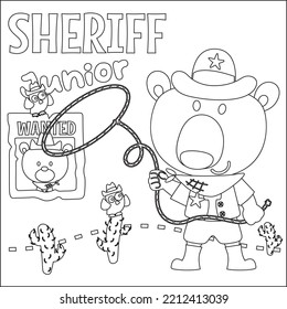 Ilustración vectorial del vaquero y el caballo del oso Cute. Diseño infantil para niños animan libros o páginas coloreadas.