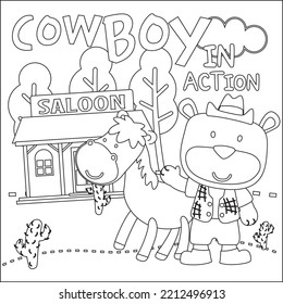 vector illustration of Cute bear cowboy  and and horse. Childish design for kids activity colouring book or page.