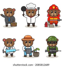 Vector illustration with cute Bear of different professions and pose. cute job Animal cartoon bundle set.