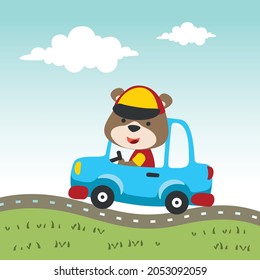 Ilustración vectorial del coche de conducción de oso lindo. Se puede usar para imprimir camisetas, diseño de camisetas para niños, papel pintado, tarjeta de invitación. tela, textil, tapicería de vivero, afiche y otra decoración.