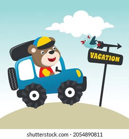 Ilustración vectorial del coche de conducción de oso lindo. Se puede usar para imprimir camisetas, diseño de camisetas para niños, papel pintado, tarjeta de invitación. tela, textil, tapicería de vivero, afiche y otra decoración.