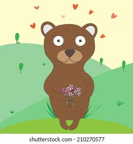 Vector illustration with cute bear with flowers