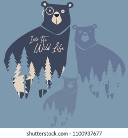 Vector Illustration Cute Bear in Forest T-shirt Graphic Kids Fashion Design Wild life Typography