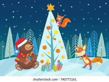 Vector illustration of cute bear and fox animals with gifts at Christmas tree in forest.
