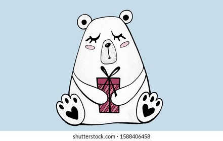 Vector illustration / Cute bear with gift / Vector doodle polar bear 