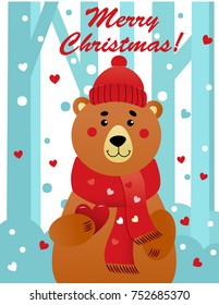 Vector illustration of cute  bear in hat and scarf on the winter background. Christmas card. Illustration for kids