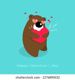 Vector illustration of cute bear with heart cartoon character on blue background.