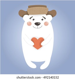 Vector illustration with cute bear with heart. Winter card. Christmas bear with hat. 