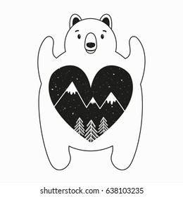 Vector illustration of cute bear with heart inside. Pine trees, stars and mountains. Black and white print design, home decoration poster, inspiration art with nature landscape and wild animal