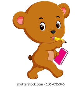 vector illustration of cute bear holding book and pencil