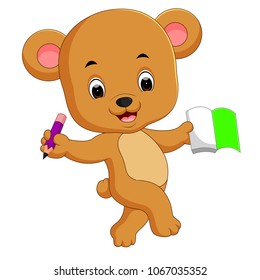 vector illustration of cute bear holding book and pencil