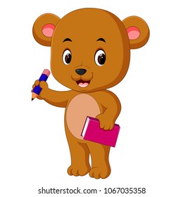 vector illustration of cute bear holding book and pencil