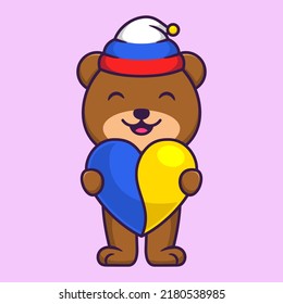 Ilustración vectorial de oso lindo con el corazón de la bandera de Ucrania en estilo plano de caricatura