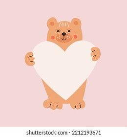 Vector illustration with cute bear holding heart shaped frame. Concept for poster prints and postcards.