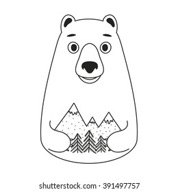 Vector illustration with cute bear holding pine trees and mountains. Black and white print design, home decoration poster. Ecology save the nature concept