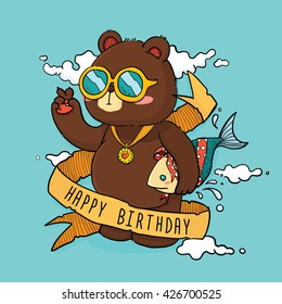 Vector Illustration of Cute Bear Holding Fish as Gift Cartoon Character with text Ribbon For Birthday Greeting Card