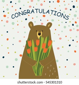 Vector illustration of cute bear holding a bouquet of tulips in cartoon style. 'Congratulations' poster